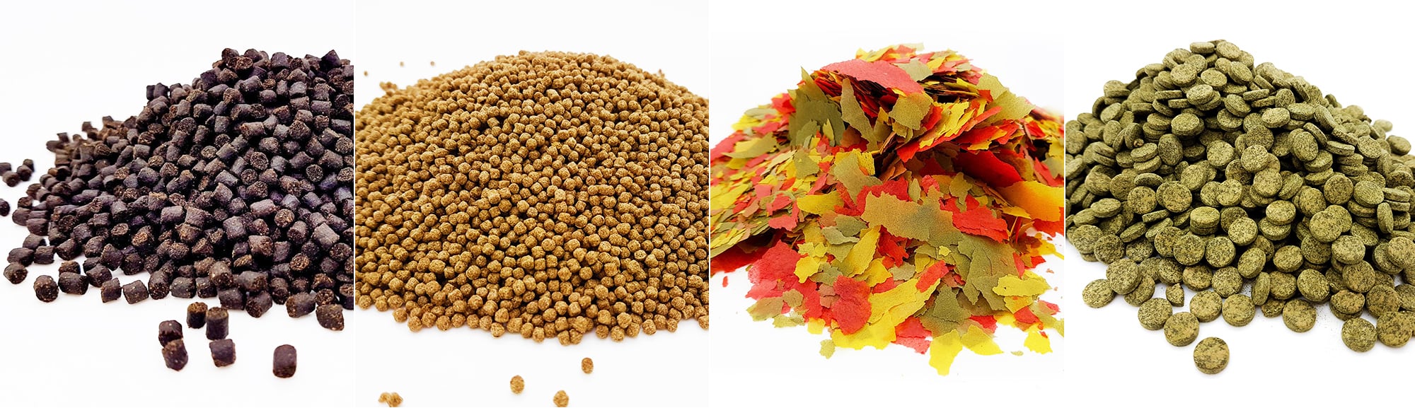 Fish food: pellets, granules, flakes, tablets.